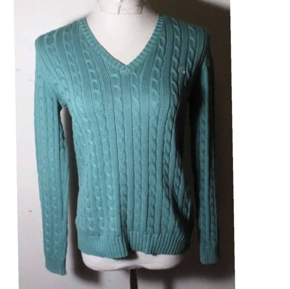 Ralph Lauren Kimberly Teal Cable Knit V-neck Seater Sz.S